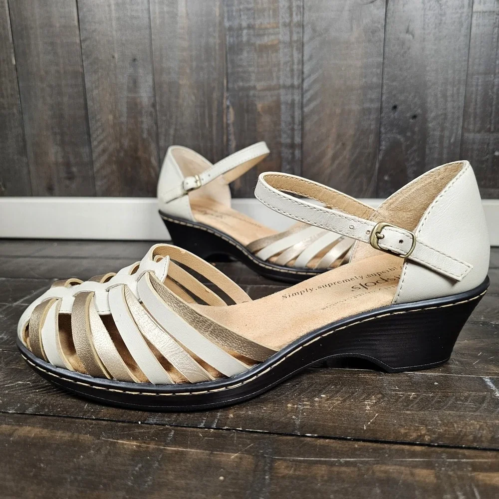 Softspots Womens 6.5 Tatianna Leather‎ Sandal Beige Gold Summer Shoes